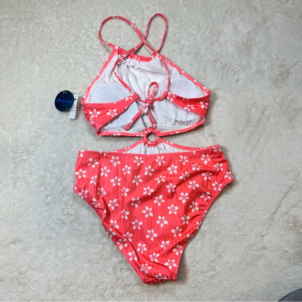 Decree Retro Boho Floral Coral Pink Cut Out Swimsuit Halter Neck Cheeky Beach - Picture 4 of 10